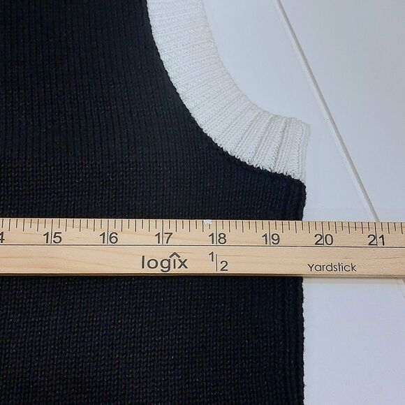 Talbots Linen Blend Sweater Vest Women's Size Large Black Cream Trim Tight Knit - Picture 6 of 7